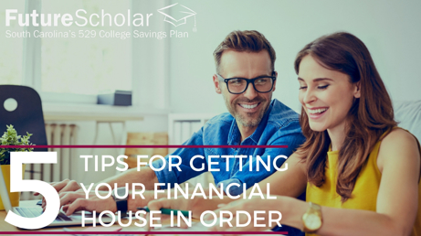 Stock Image of couple smiling around laptop with text that reads "5 tips for getting your financial house in order"