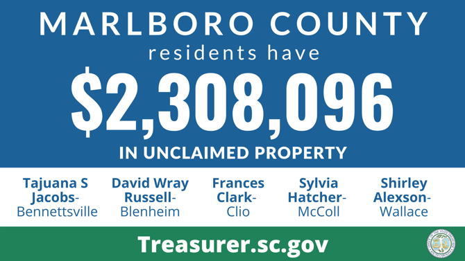 Graphic design promoting the South Carolina State Treasurer's Office Unclaimed Property Program with text against blue background that reads, "Marlboro County residents have $2,308,096  in unclaimed property." Below that section is a white background with text that lists names of those owed unclaimed funds, which are listed in this article.