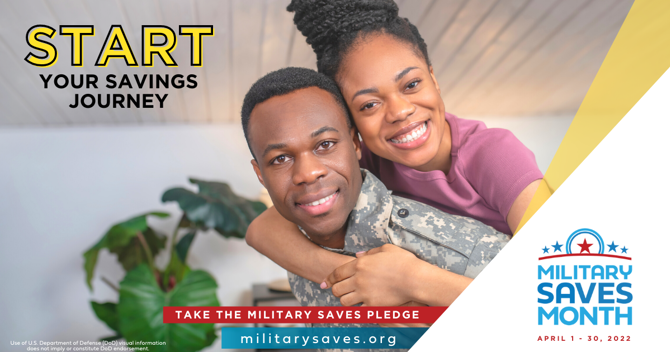 Promotional Image from the Military Saves Campaign. Photo of smiling couple with text, "Start your savings journey"