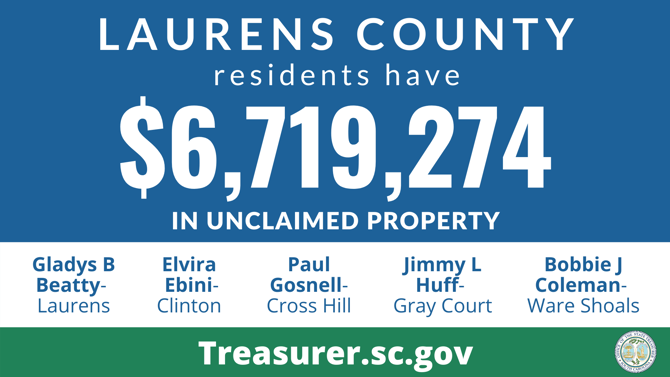 Graphic design promoting the South Carolina State Treasurer's Office Unclaimed Property Program with text against blue background that reads, "Laurens County residents have $6,719,274 in unclaimed property." Below that section is a white background with text that lists names of those owed unclaimed funds, which are listed in this article.