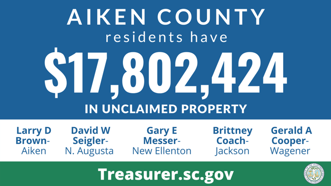 Graphic design promoting the South Carolina State Treasurer's Office Unclaimed Property Program with text against blue background that reads, "Aiken County residents have $17,802,424 in unclaimed property." Below that section is a white background with text that lists names of those owed unclaimed funds, which are listed in this article.