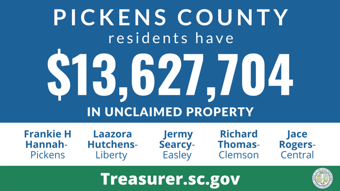 Graphic design promoting the South Carolina State Treasurer's Office Unclaimed Property Program with text against blue background that reads, "Pickens County residents have $13,627,704 in unclaimed property." Below that section is a white background with text that lists names of those owed unclaimed funds, which are listed in this article.