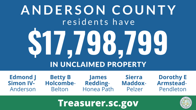 Graphic design promoting the South Carolina State Treasurer's Office Unclaimed Property Program with text against blue background that reads, "Anderson County residents have $17,798,799 in unclaimed property." Below that section is a white background with text that lists names of those owed unclaimed funds, which are listed in this article.