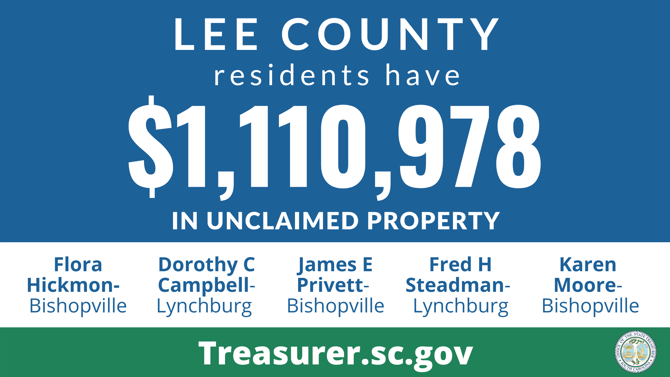 Graphic design promoting the South Carolina State Treasurer's Office Unclaimed Property Program with text against blue background that reads, "Lee County residents have $1,110,978  in unclaimed property." Below that section is a white background with text that lists names of those owed unclaimed funds, which are listed in this article.