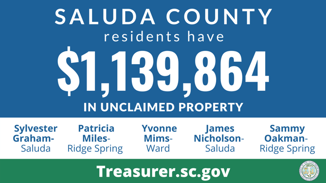 Graphic design promoting the South Carolina State Treasurer's Office Unclaimed Property Program with text against blue background that reads, "Saluda County residents have $1,139,864 in unclaimed property." Below that section is a white background with text that lists names of those owed unclaimed funds, which are listed in this article.