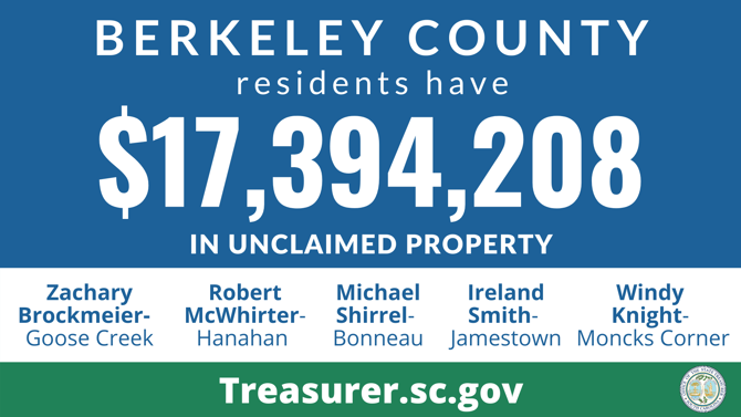 Graphic design promoting the South Carolina State Treasurer's Office Unclaimed Property Program with text against blue background that reads, "Berkeley County residents have $17,394,208 in unclaimed property." Below that section is a white background with text that lists names of those owed unclaimed funds, which are listed in this article.