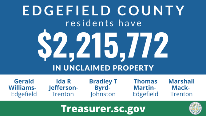 Graphic design promoting the South Carolina State Treasurer's Office Unclaimed Property Program with text against blue background that reads, "Edgefield County residents have $2,215,772 in unclaimed property." Below that section is a white background with text that lists names of those owed unclaimed funds, which are listed in this article.