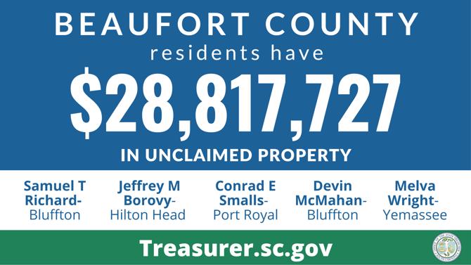 Graphic design promoting the South Carolina State Treasurer's Office Unclaimed Property Program with text against blue background that reads, "Beaufort County residents have $28,817,727 in unclaimed property." Below that section is a white background with text that lists names of those owed unclaimed funds, which are listed in this article.