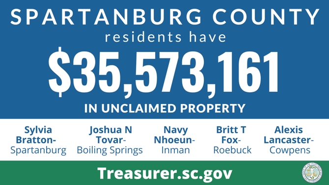 Graphic design promoting the South Carolina State Treasurer's Office Unclaimed Property Program with text against blue background that reads, "Spartanburg County residents have $35,573,161 in unclaimed property." Below that section is a white background with text that lists names of those owed unclaimed funds, which are listed in this article.