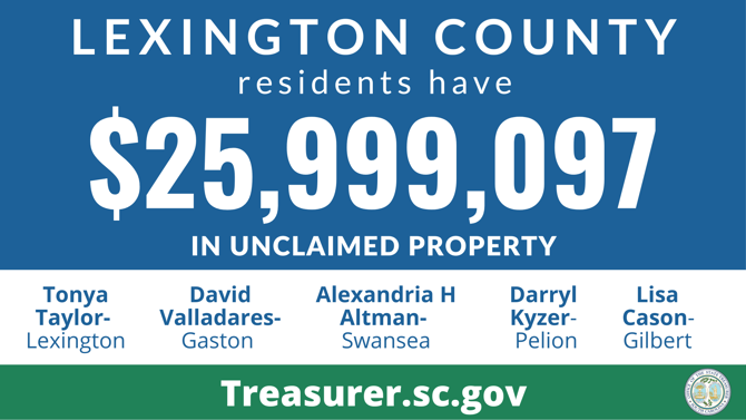 Graphic design promoting the South Carolina State Treasurer's Office Unclaimed Property Program with text against blue background that reads, "Lexington County residents have $25,999,097 in unclaimed property." Below that section is a white background with text that lists names of those owed unclaimed funds, which are listed in this article.