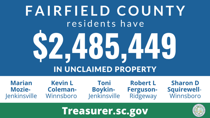 Graphic design promoting the South Carolina State Treasurer's Office Unclaimed Property Program with text against blue background that reads, "Fairfield County residents have $2,485,449 in unclaimed property." Below that section is a white background with text that lists names of those owed unclaimed funds, which are listed in this article.
