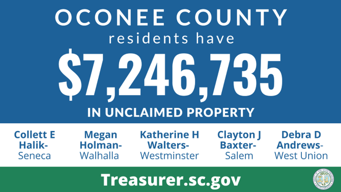 Graphic design promoting the South Carolina State Treasurer's Office Unclaimed Property Program with text against blue background that reads, "Oconee County residents have $7,246,735 in unclaimed property." Below that section is a white background with text that lists names of those owed unclaimed funds, which are listed in this article.