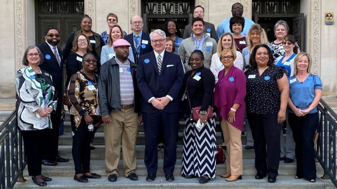 Group photo on steps. State Treasurer Curtis Loftis (center) honored 22 Palmetto ABLE Savings Program Ambassadors from across the state. These partner organizations have been strong advocates for the Palmetto ABLE Savings Program, a tax-advantaged savings program for individuals with disabilities.